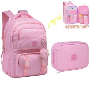 Imagem de Kit Mochila Abertura 180 Feminina Juvenil Escolar Com Estojo Box E Cha