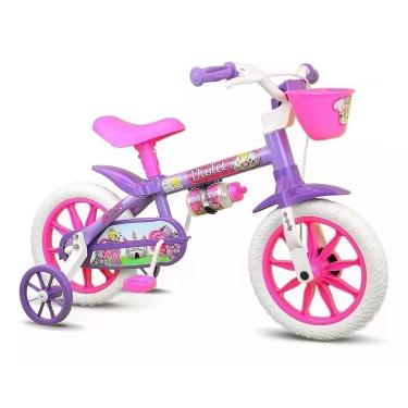 Imagem de Bicicleta infantil Nathor Violet aro 12 freio tambor cor violeta/branco/rosa com rodas de treinamento
