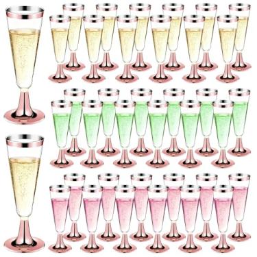 Imagem de Taças de champanhe de plástico, pacote com 100, taças de champanhe de plástico de 156 g com borda em ouro rosa, fundo rosa