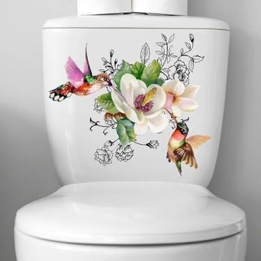 Imagem de Adesivos autoadesivos para tampa de vaso sanitário com flores e pássaros florais borboletas adesivos de assento de vaso sanitário removível à prova d'água para banheiro decalques de cisterna