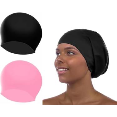 Imagem de 2 toucas de natação para cabelos longos, dreadlocks, tranças, extensões de cabelo, tranças, cachos e afros - Touca de natação de silicone para mulheres e homens, mantenha o cabelo seco