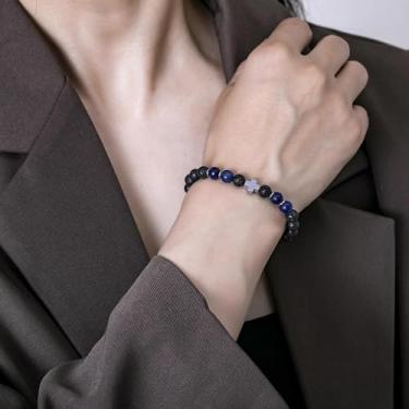 Imagem de Pulseira de contas feita à mão para homens e mulheres, cordão elástico com pedra natural e contas de destaque, joia de pulso ajustável, 7.68Inches, Rocha vulcânica, Sem Pedra Preciosa