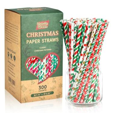 Imagem de Lives On Green Canudos de papel de Natal para beber, pacote com 300, canudos descartáveis para festa de Natal - 10 designs, para casa, bar e restaurantes