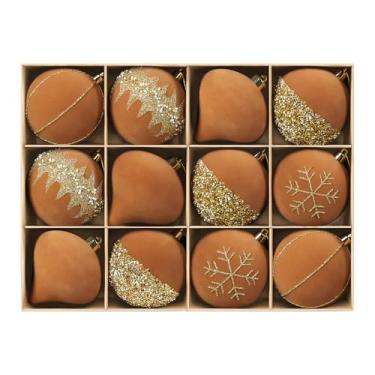 Imagem de SHareconn Bolas de árvore de Natal com glitter de veludo de 12 quilates, ornamentos flocados de 8 cm, enfeites decorativos de plástico inquebráveis para decoração de árvore de Natal, decoração de