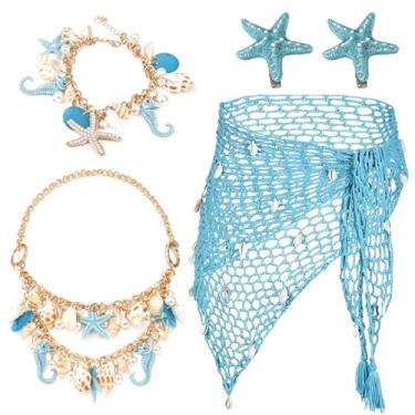 Imagem de XEPST Fantasia de sereia feminina – 5 peças, conjunto de acessórios de sereia com saia de crochê sarongue, Azul, One Size