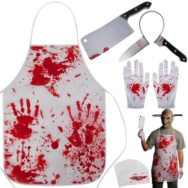 Imagem de Conjunto de fantasia de açougueiro de Halloween - Avental de cozinheiro chef, luvas, adereço, faca, tatuagem, adesivo - conjunto assustador de fantasia de Halloween, Branco, vermelho, One Size