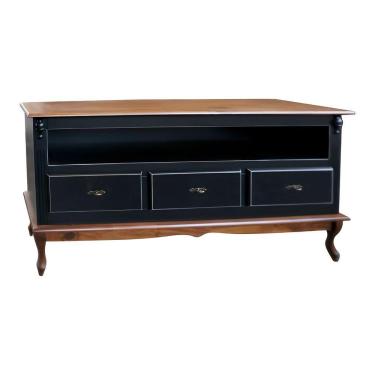 Imagem de Rack Para Sala 3 Gavetas E Nicho Pés Luis Xv - Preto Laca Com Tampo E Base Castanho Envelhecido