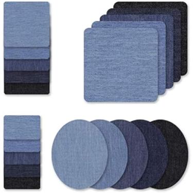 Imagem de CheeseandU Pacote com 20 remendos de tecido jeans para roupas, 20 peças de remendos de calça de joelho para crianças, mulheres, homens, algodão, dentro de jeans e reparo de roupas (4 tamanhos e 5