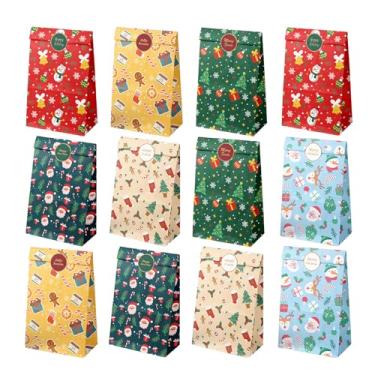 Imagem de Sacos de presente de Natal, pacote com 12 sacos de papel de Natal com desenhos de boneco de neve, sacos de lembrancinha de festa Kraft de 21 x 12 cm