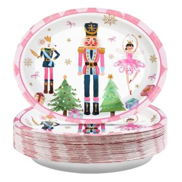 Imagem de Greencian 50 peças de pratos ovais de festa de Natal, quebra-nozes 25,4 x 30,5 cm, grandes, resistentes e descartáveis, quebra-nozes rosa, decorações temáticas de sobremesa, soldado, guingão