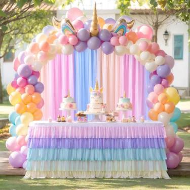 Imagem de Saia de mesa Besutolife Rainbow Unicorn Ruffle, mesa de 6 pés
