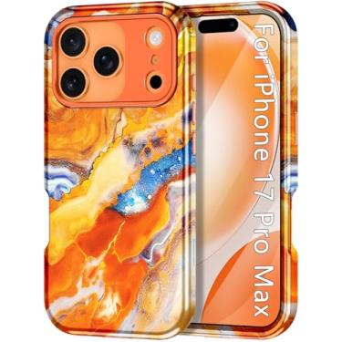 Imagem de Btscase Capa compatível com iPhone 17 Pro Max de 6,9 polegadas 2025, padrão de mármore 3 em 1, resistente, à prova de choque, PC rígido robusto + silicone macio protetor contra quedas femininas e