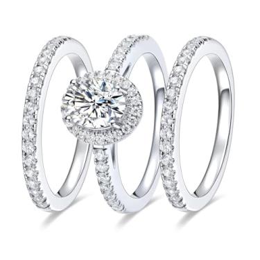 Imagem de MDFUN Conjunto de alianças de casamento ovais três em um anel de noivado banhado a ouro branco 18K zircônia cúbica promessa eternidade para mulheres tamanho 5-10, Latão, Zircônia cúbica