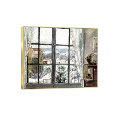 Imagem de BMZFYBS Imagem de arte de parede de paisagem - impressões em tela vintage - janela - pintura com moldura dourada para sala de estar decoração de casa de fazenda 70 x 85 cm 27 x 33 pol