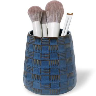 Imagem de QUXIJA Porta-pincéis de maquiagem de cerâmica, penteadeira de banheiro e bancada, copo de pincéis de maquiagem para cosméticos, batons, armazenamento de mesa de banheiro (azul vintage)