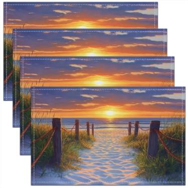 Imagem de jejeloiu Jogo americano com tema de praia, conjunto de 4 tapetes de mesa de madeira, verde, plantas, pôr do sol, mar, oceano, onda, verão, litoral, cenário natural, tapete para cozinha, mesa de jantar
