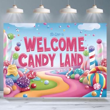 Imagem de Decoração de festa Candy Land Pano de fundo doce sorvete pirulito donut arco-íris decoração de doces para meninas crianças chá de bebê 1º aniversário bolo mesa banner adereços de estúdio fotográfico