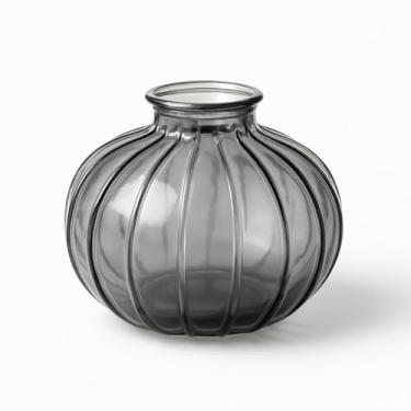 Imagem de Vaso Decorativo em Vidro, Formato Redondo, Design Canelado, Estilo Moderno para Decoração de Casa (Fumê, 8 cm)