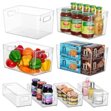 Imagem de Conjunto de 8 caixas organizadoras de geladeira (4 caixas de armazenamento de plástico grandes e 4 pequenas caixas), organização e armazenamento transparentes da cozinha com alças para despensa, armários, prateleiras, gavetas, freezer – seguro para alimentos, livre de BPA