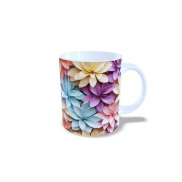 Imagem de Caneca de Cerâmica com Estampa Floral 3D, Branca, 325ml, Design Moderno com Flores Coloridas (14134)