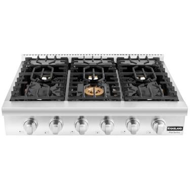 Imagem de Rangetop de gás de 91 cm, GASLAND Chef Professional Slide-in Natural Gas Rangetop Pro RT3606 com luzes indicadoras azuis, 6 queimadores selados embutidos profundos, grades contínuas de ferro fundido, reignição, plug-in de 120V