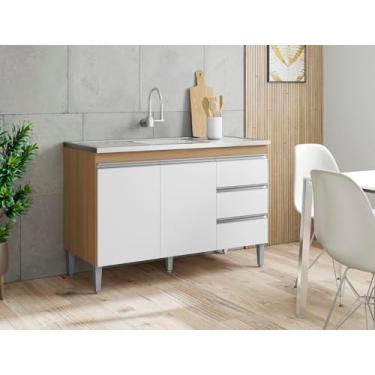 Imagem de Balcão Gabinete de Pia Andréia 120cm Amêndoa/Branco S/Tampo 2 Portas 3 Gavetas