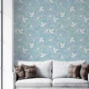 Imagem de Kit 9 Rolos Papel De Parede Adesivo Floral Azul Branco 3,0M - Gh Papel