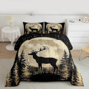 Imagem de Feelyou Conjunto de edredom casal, com estampa de veado, para crianças, meninos, meninas, casa de fazenda, estilo rústica, decoração de quarto rústica, vida selvagem, microfibra, 3 peças com 2 fronhas