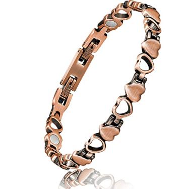 Imagem de Reaowazo Pulseiras de cobre para mulheres, pulseira magnética de cobre para mulheres, pulseira magnética de cobre com 3 fechos mais inteligentes, joia de coração de amor, presente para mulheres, one