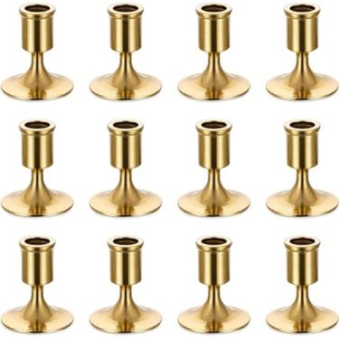 Imagem de Castiçais de ouro para castiçal, 12 peças Romadedi Gold Brass Color Candelabro para mesa central, recepção de casamento, decoração festiva de lareira de Natal ou decoração de casa