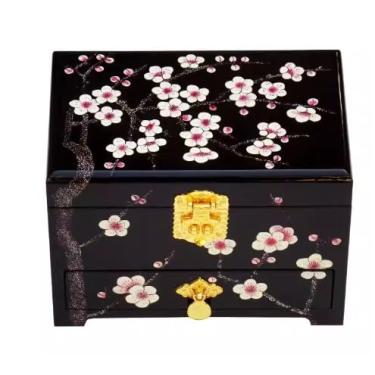 Imagem de Caixa de joias pintada à mão com trava de gavetas, espelho, armazenamento de joias de madeira estilo chinês de 3 camadas com antigo, presente de casamento (preto (flor de ameixa), C 21 x L 14 x A 14