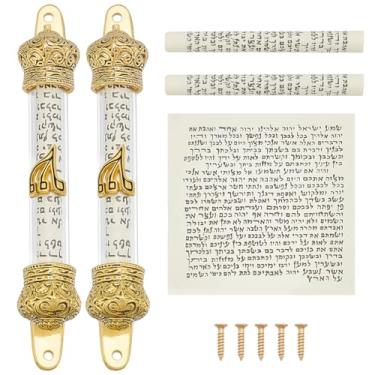 Imagem de WEBEEDY 2 peças de capa de coroa mezuzá com bênção de rolagem mezuzá para porta cilindro dourado mezuzá para inauguração de casa, feriados judaicos, decoração de escritório, 4,5 x 1,7 cm