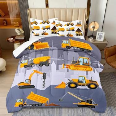 Imagem de ASKOTU Jogo de cama solteiro com 3 peças, para meninos, caminhão, escavadeira, para todas as estações