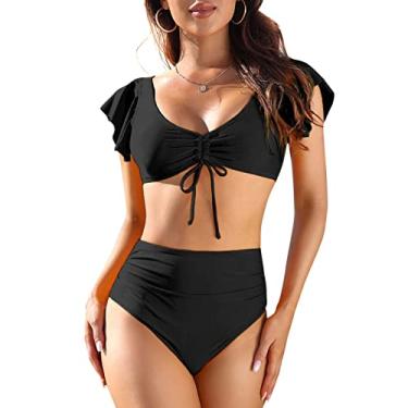 Imagem de Maiô Feminino de Duas Peças Com Babados E Cordão de Cintura Alta Conjunto de Biquíni Trajes de Banho