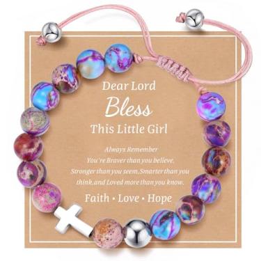 Imagem de MEALGUET Pulseira de cruz para meninas adolescentes: pulseiras de contas de pedra imperador natural fé presentes cristãos joias católicas religiosas batismo comunhão meias para meninas adolescentes