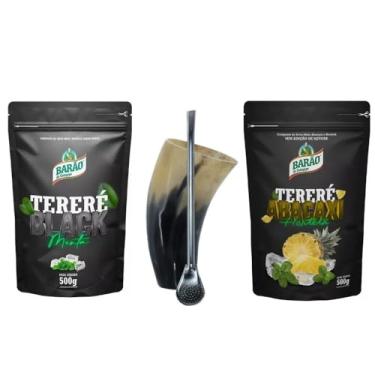 Imagem de Kit Tereré Barão com Cuia de Guampa e Bomba 20cm + Erva Black Menta e Erva Abacaxi com Hortelã 500g cada