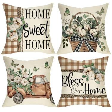Imagem de Fjfz Home Sweet Home Farmhouse Capas de almofada decorativas 45 x 45 conjunto de 4, Bless Our Home Country caminhão folhas de algodão xadrez varanda decoração ao ar livre, capa de almofada de sofá