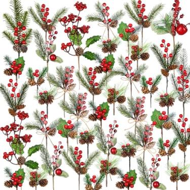 Imagem de Zeyune 50 palhetas florais de Natal artificiais de Natal, hastes de bagas nevadas, pequenas agulhas de pinheiro de cedro falso, ramo com pinhas para arranjo floral, guirlanda de guirlanda (vermelha)
