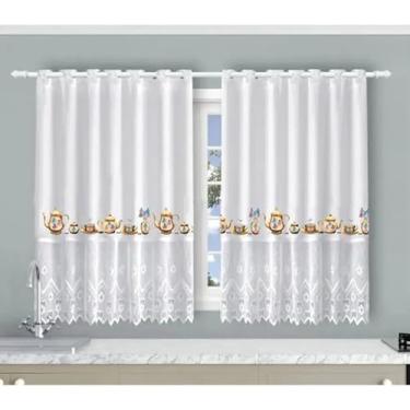 Imagem de Cortina de Cozinha Jacquard com Renda, Branca, Estampa Bule, 1,20 x 2,60 metros