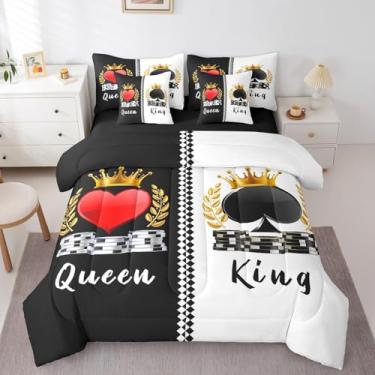 Imagem de Manfei Jogo de cama solteiro King e Queen, 7 peças, coroa de ouro 3D, amor, coração, conjunto de edredom romântico para crianças, Mr Mrs Lovers preto e branco em uma bolsa com fronhas