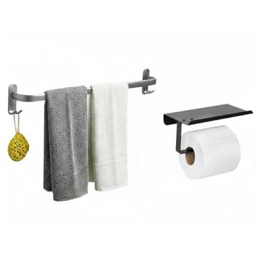 Imagem de Kit Banheiro istoSim 2pç - Porta Toalha 50cm com Gancho + Papeleiro Porta Papel Higiênico c/Apoio Celular Inox Preto