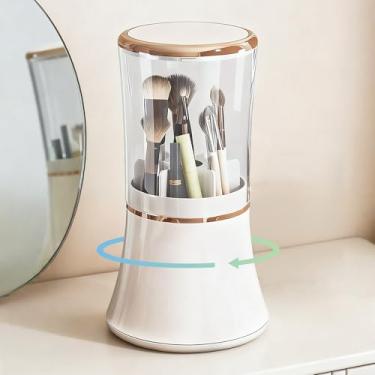Imagem de PSUNEY Suporte de pincéis de maquiagem com tampa, organizador de ferramentas cosméticas, giratório 360, à prova d'água, à prova de poeira, armazenamento para penteadeira, banheiro, bancada
