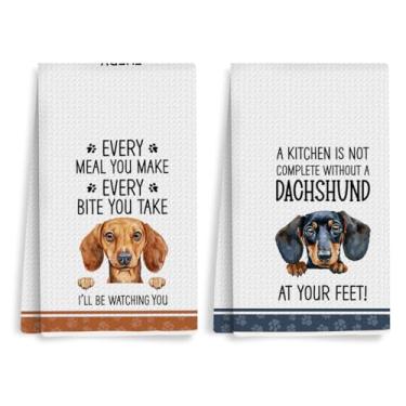 Imagem de XFN Conjunto de 2 peças engraçadas de toalhas de prato de cozinha de dachshund, presentes de dachshund, toalhas de cozinha de tecelagem de waffle, toalhas de chá decorativas de mão para cães Wiener