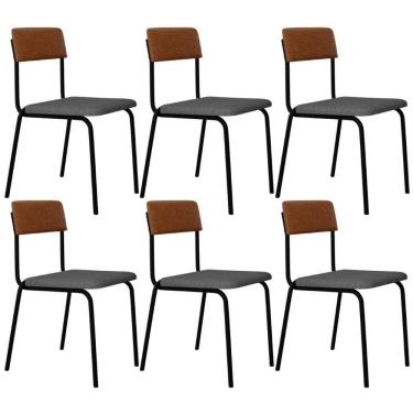 Imagem de Kit 06 Cadeiras Estofada Para Sala De Jantar Sense Preto C01 Linho Cinza Claro Courino Caramelo - Lyam Decor