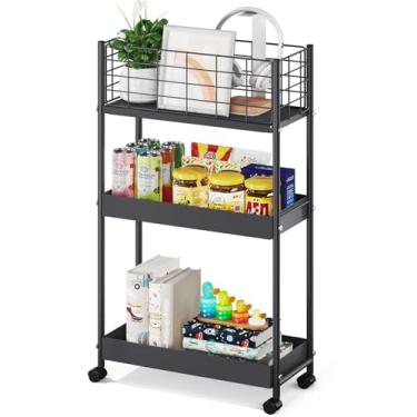 Imagem de KINGRACK Carrinho de rodinhas de metal de 3 camadas, carrinho de armazenamento fino, carrinho de prateleira móvel com rodas, camada de banheiro, organizador de banheiro utilitário para lavanderia,