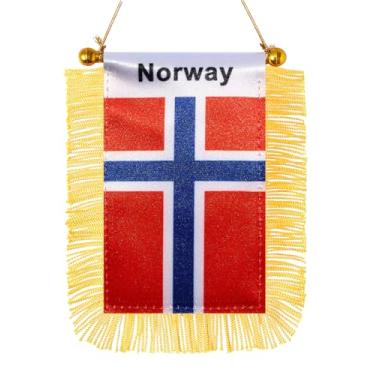 Imagem de JBSJBS Bandeira pendurada da Noruega mini bandeiras de janela de carro norueguês pequenas bandeiras de espelho retrovisor decoração bandeiras da Noruega com ventosa com franjas douradas dupla face 7,6