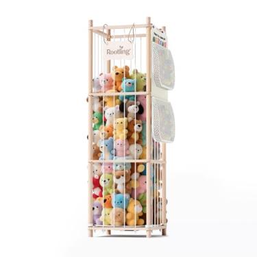 Imagem de Organizador e armazenamento grande de animais de pelúcia, 137 cm de altura, bonito suporte de brinquedo de zoológico com bolsa de armazenamento de blocos de montar, material de madeira premium com