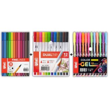 Imagem de Kit Criativo Glizi 36 Canetas, Fineliner 0.4mm 12 Cores, Dual Tip Brush 12 Cores, Colorgel 12 Tons Pastel/Neon (12C (Color) + 12 Brush + 12 Gel Neon)