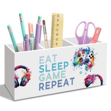 Imagem de nvucamd Eat Sleep Game Repeat Porta-lápis para mesa, acessórios de mesa de escritório para amantes de videogame, para meninos e crianças, para sala de aula, banheiro