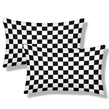 Imagem de NOCTILYRA Capas de almofada lombar xadrez preto e branco, conjunto de 2 fronhas de pelúcia curtas xadrez, geométrico, retangular, fronhas decorativas para sofá-cama
